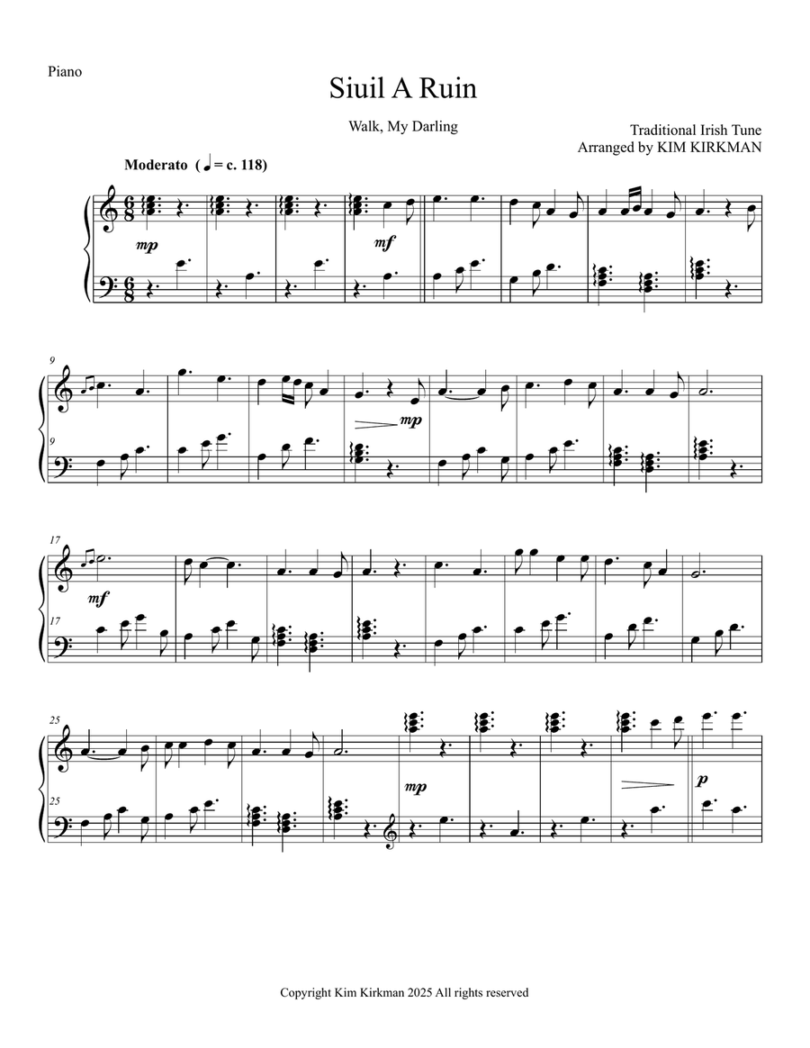 Siuil a Ruin (Walk, My Darling) arranged for p in A min (NO LEVERS REQUIRED) Piano Solo scores gallery preview page 1