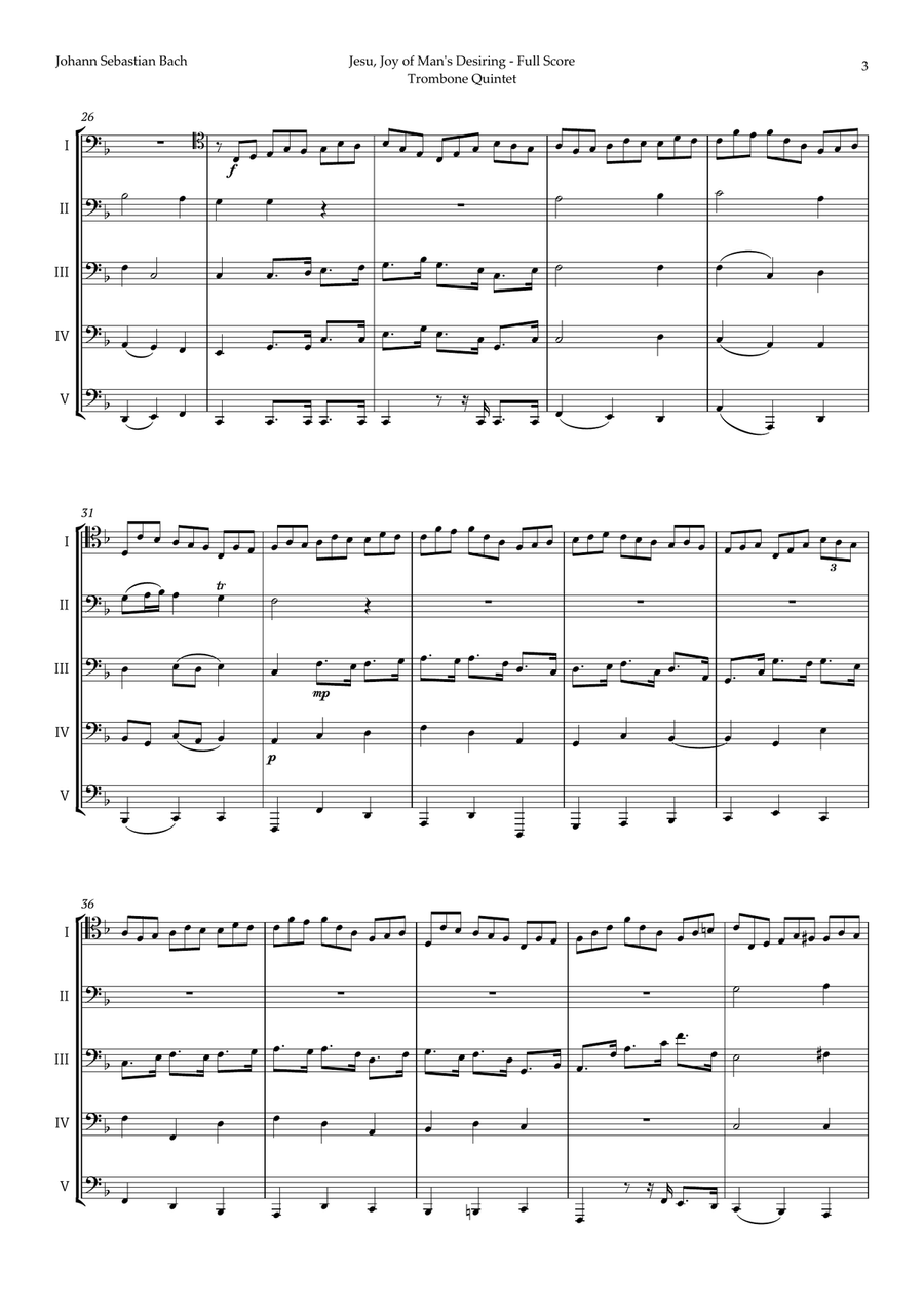 Jesu, Joy of Man's Desiring by Bach for Trombone Quintet Brass Quintet scores gallery preview page 3