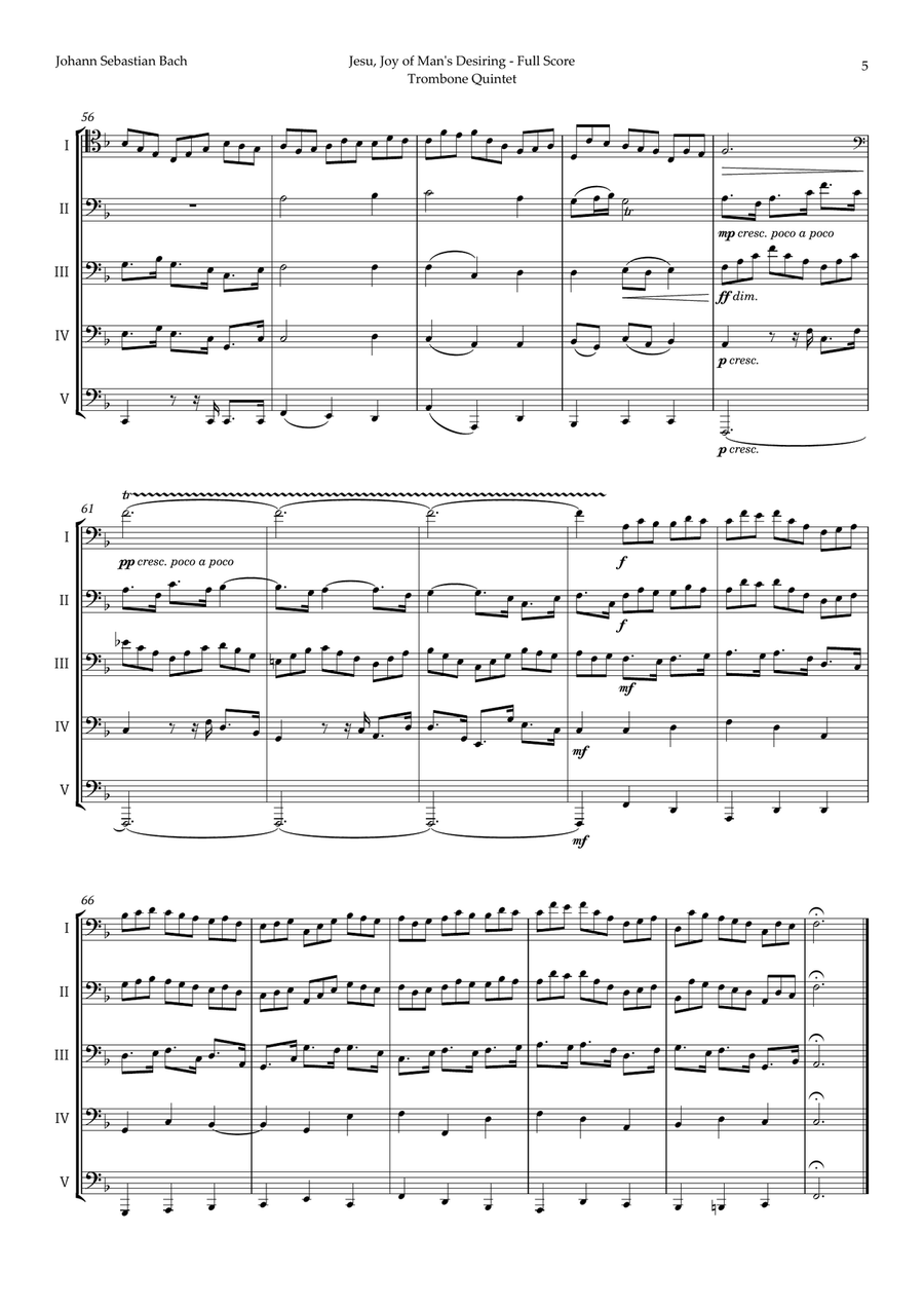 Jesu, Joy of Man's Desiring by Bach for Trombone Quintet Brass Quintet scores gallery preview page 5