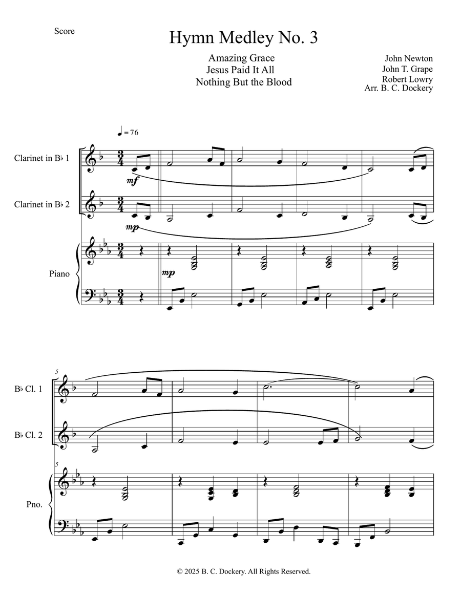 Hymn Medley No. 3 (Clarinet Duet with Piano Accompaniment) Clarinet Duet scores gallery preview page 1