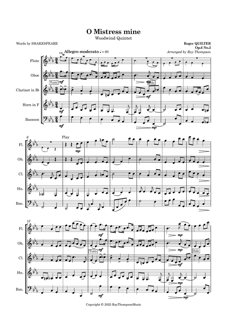 Quilter: O Mistress Mine - wind quintet Woodwind Quintet scores gallery preview page 2