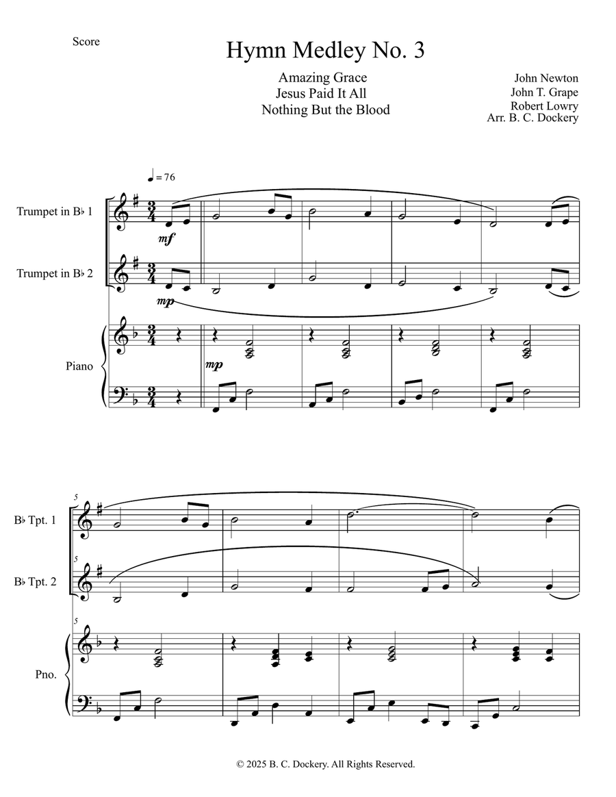 Hymn Medley No. 3 (Trumpet Duet with Piano Accompaniment) Trumpet Duet scores gallery preview page 1