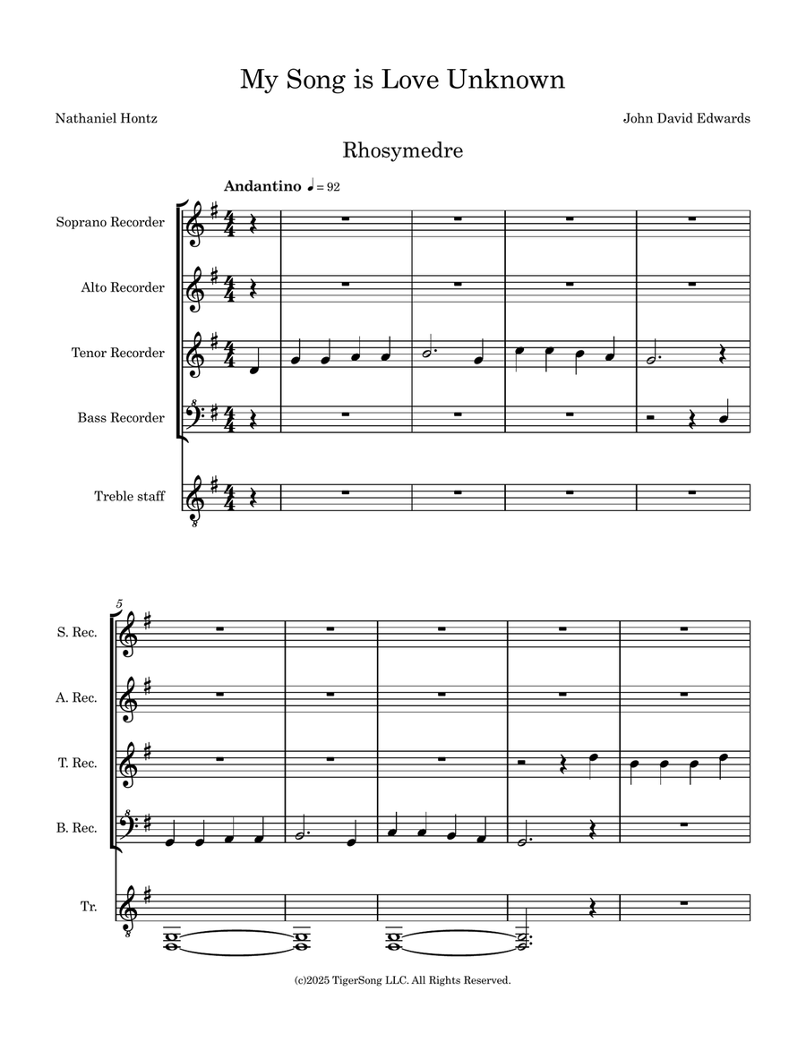 My Song is Love Unknown: Variations on Rhosymedre (for Recorder Quartet) Chamber Music scores gallery preview page 1