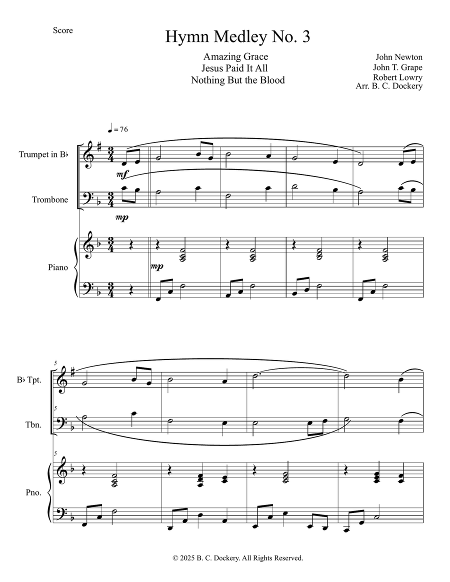 Hymn Medley No. 3 (Trumpet and Trombone Duet with Piano Accompaniment) Brass Duet scores gallery preview page 1