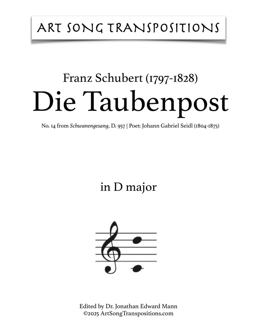 SCHUBERT: Die Taubenpost, D. 957 no. 14 (transposed to D major) Piano, Vocal scores gallery preview page 1