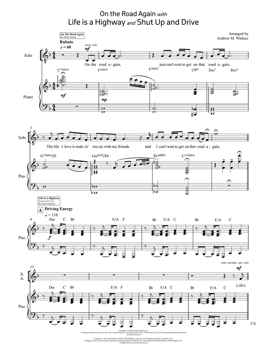 Medley: On The Road Again with Life Is A Highway and Shut Up And Drive 4-Part scores gallery preview page 1