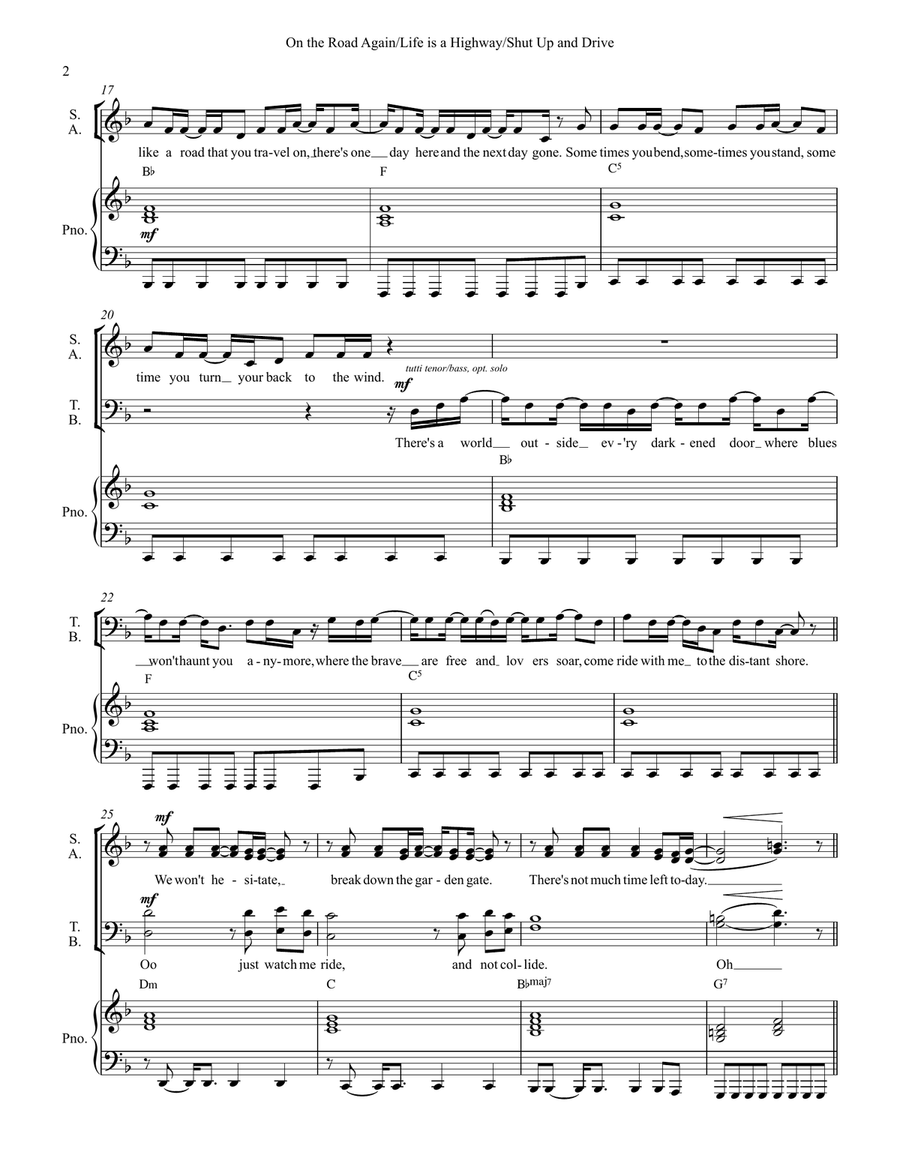 Medley: On The Road Again with Life Is A Highway and Shut Up And Drive 4-Part scores gallery preview page 2