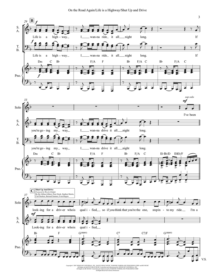 Medley: On The Road Again with Life Is A Highway and Shut Up And Drive 4-Part scores gallery preview page 3
