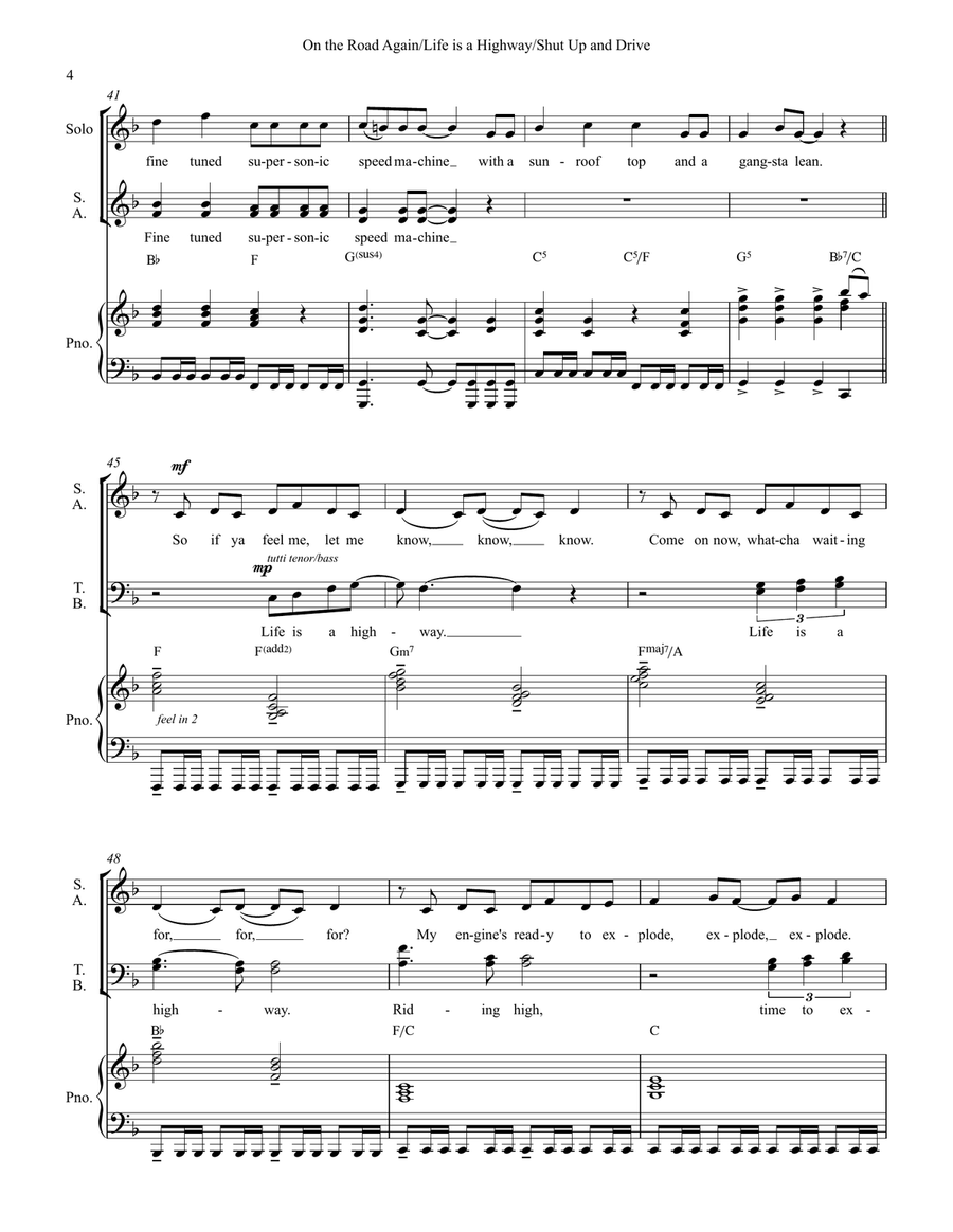 Medley: On The Road Again with Life Is A Highway and Shut Up And Drive 4-Part scores gallery preview page 4