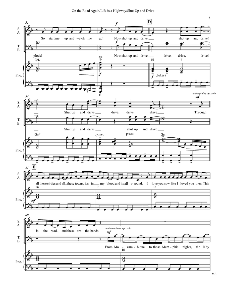 Medley: On The Road Again with Life Is A Highway and Shut Up And Drive 4-Part scores gallery preview page 5