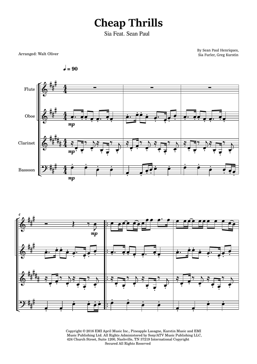 Cheap Thrills (Feat. Sean Paul) Woodwind Quartet scores gallery preview page 1