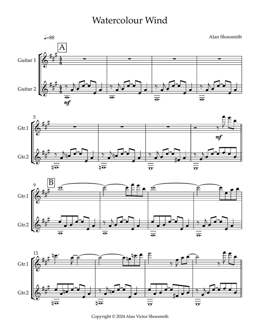 Watercolour Wind - guitar duet (score & separate parts in standard notation only-no tab) Chamber Music scores gallery preview page 1