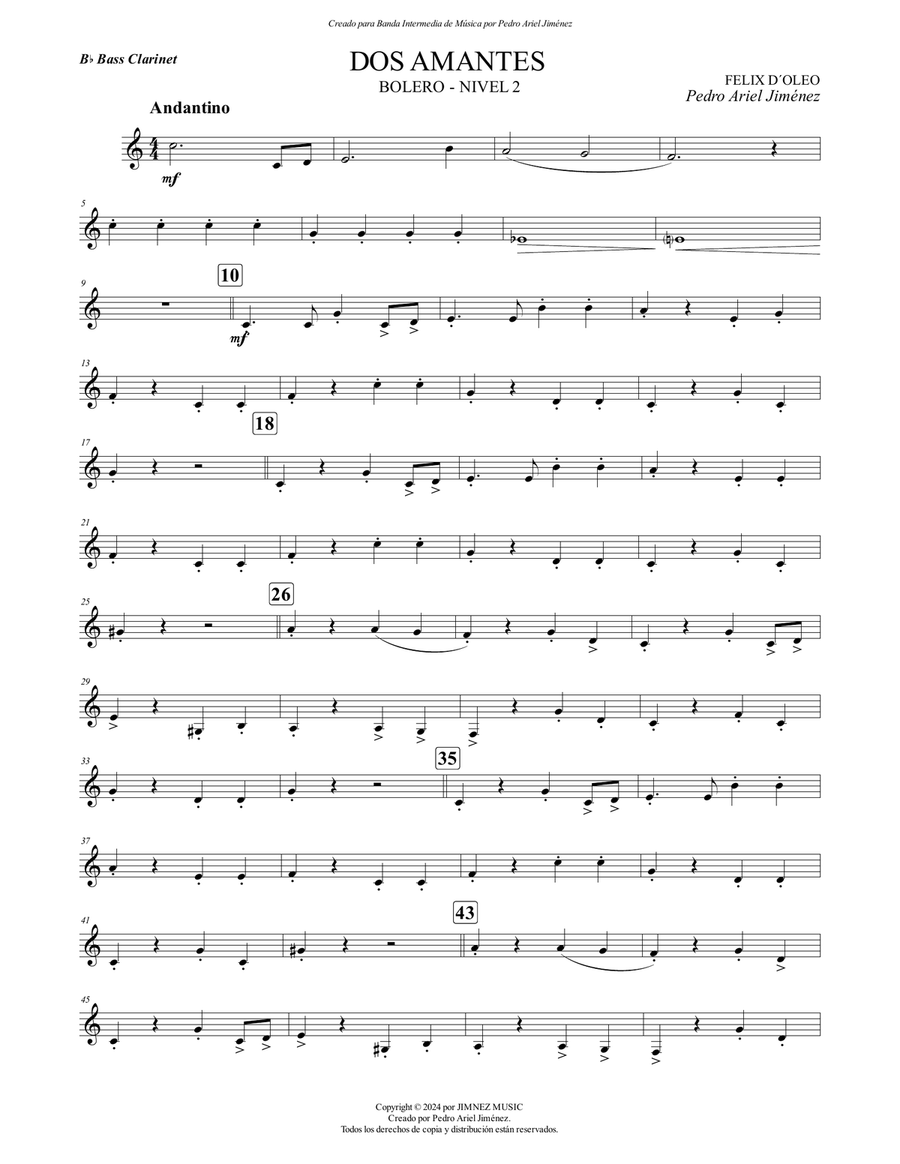 DOS AMANTES - FELIX D´ OLEO - PEDRO ARIEL JIMÉNEZ - BASS CLARINET Bass Clarinet scores gallery preview page 1