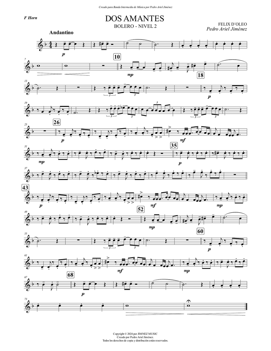 DOS AMANTES - FELIX D´ OLEO - PEDRO ARIEL JIMÉNEZ - F HORN Horn Solo scores gallery preview page 1