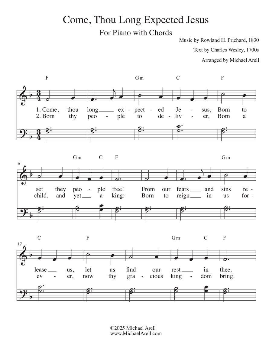 Come, Thou Long Expected Jesus for Piano Easy Piano scores gallery preview page 1