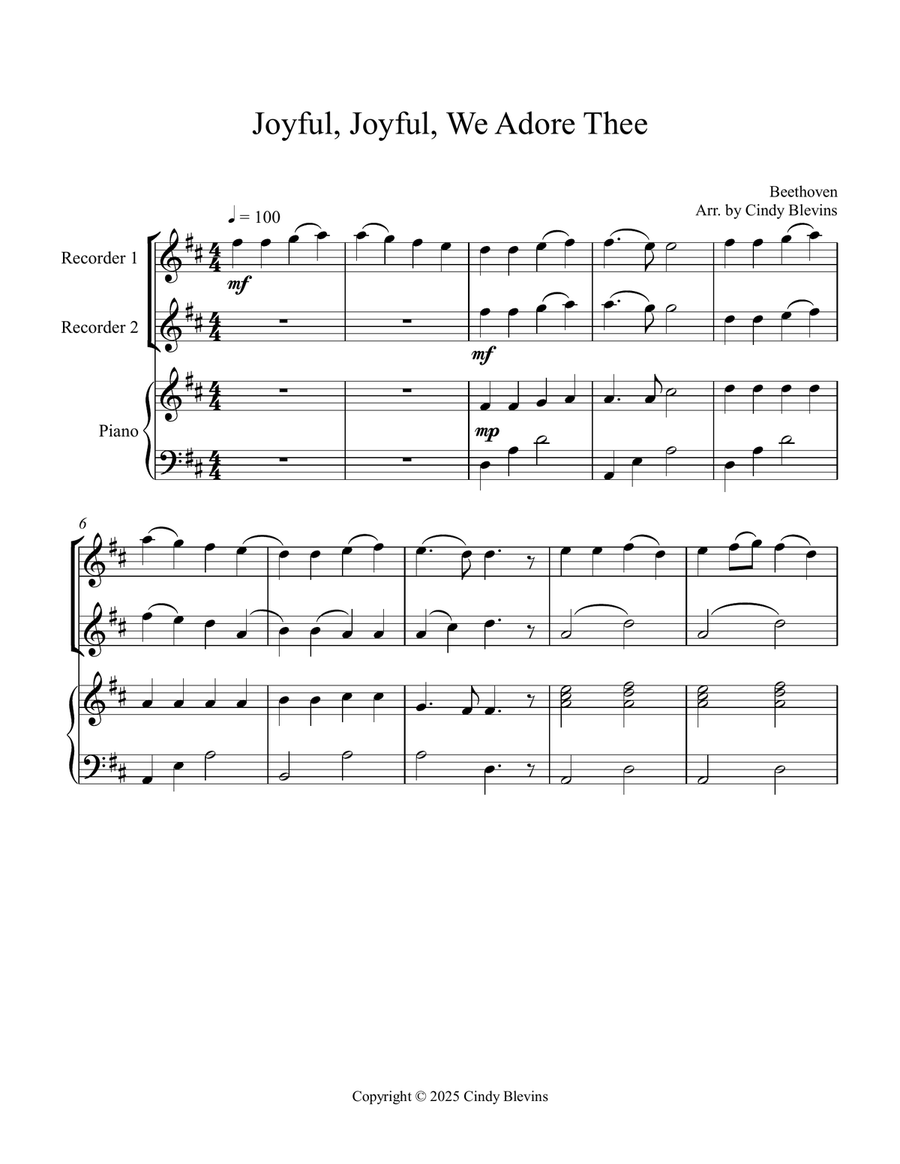 Joyful, Joyful, We Adore Thee, for Two Recorders and Piano Woodwind Duet scores gallery preview page 2