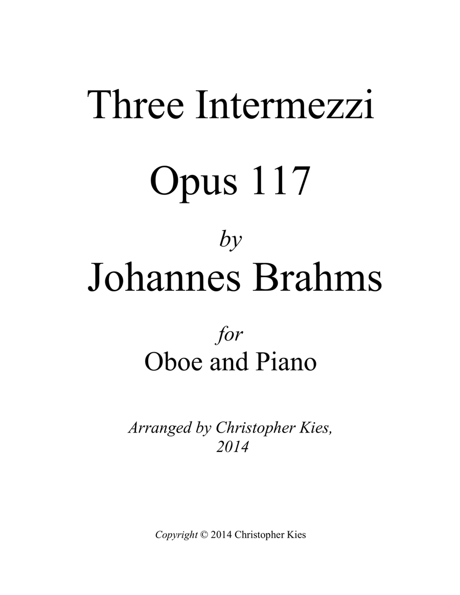 Three Intermezzi, Opus 117 by Brahms, arranged for oboe and piano Chamber Music scores gallery preview page 1