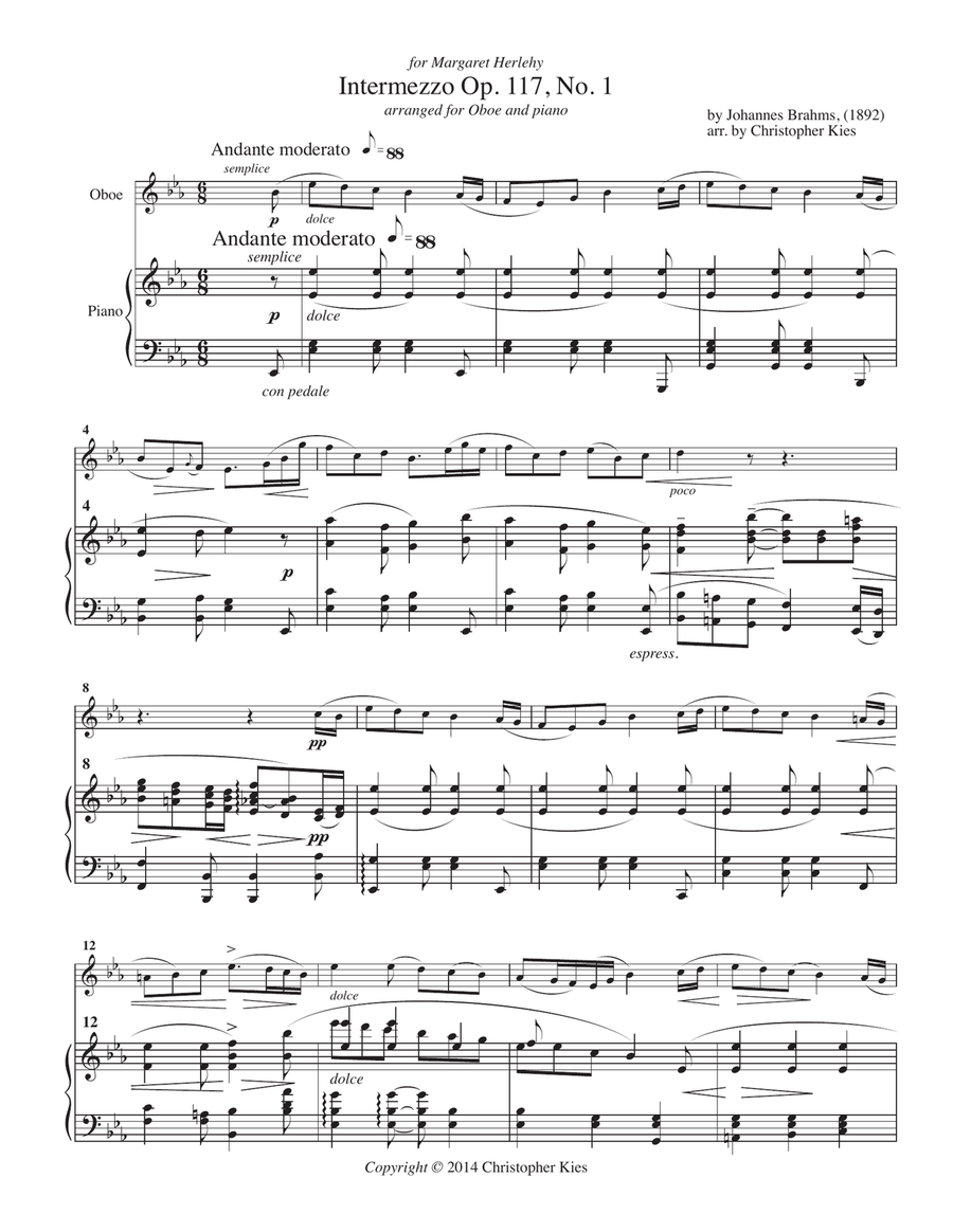 Three Intermezzi, Opus 117 by Brahms, arranged for oboe and piano Chamber Music scores gallery preview page 3