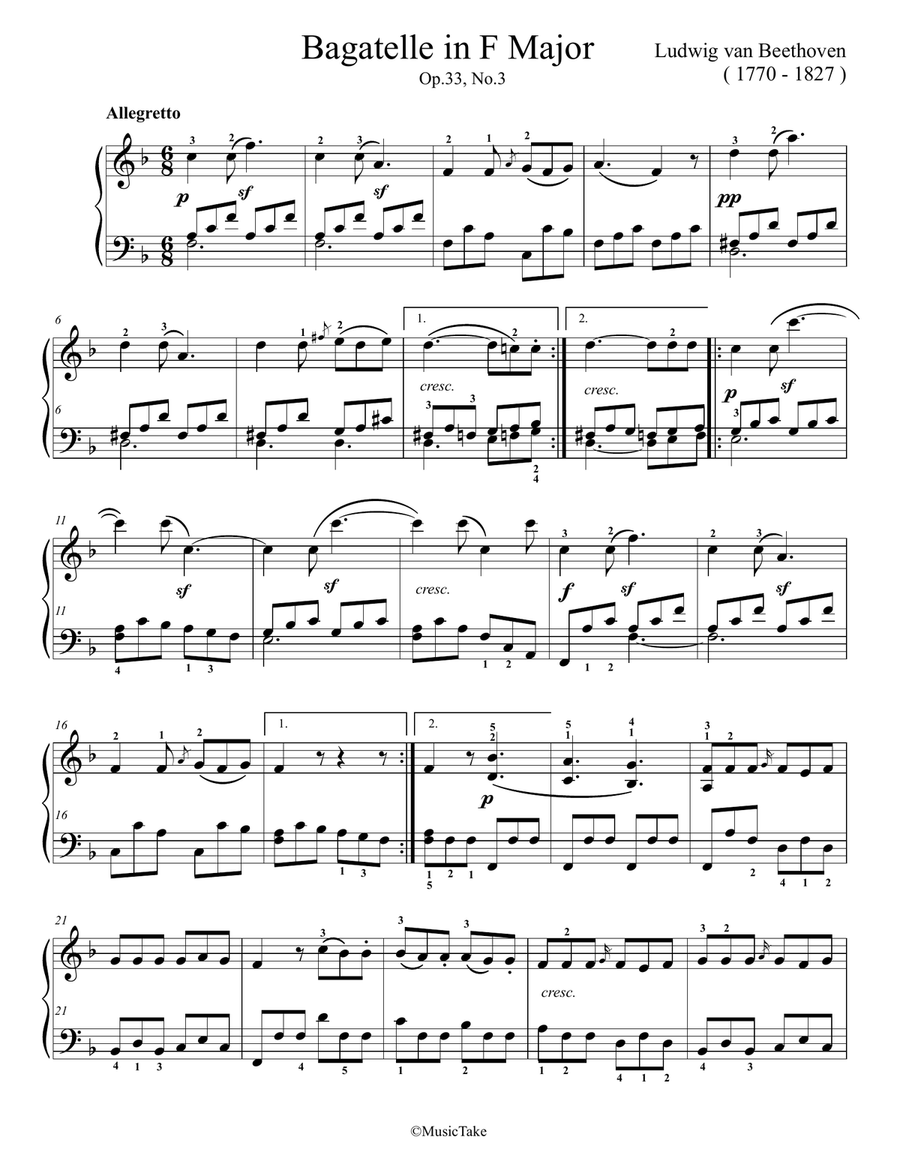 Beethoven Bagatelle in F Major Op.33, No.3 Easy Piano scores gallery preview page 1