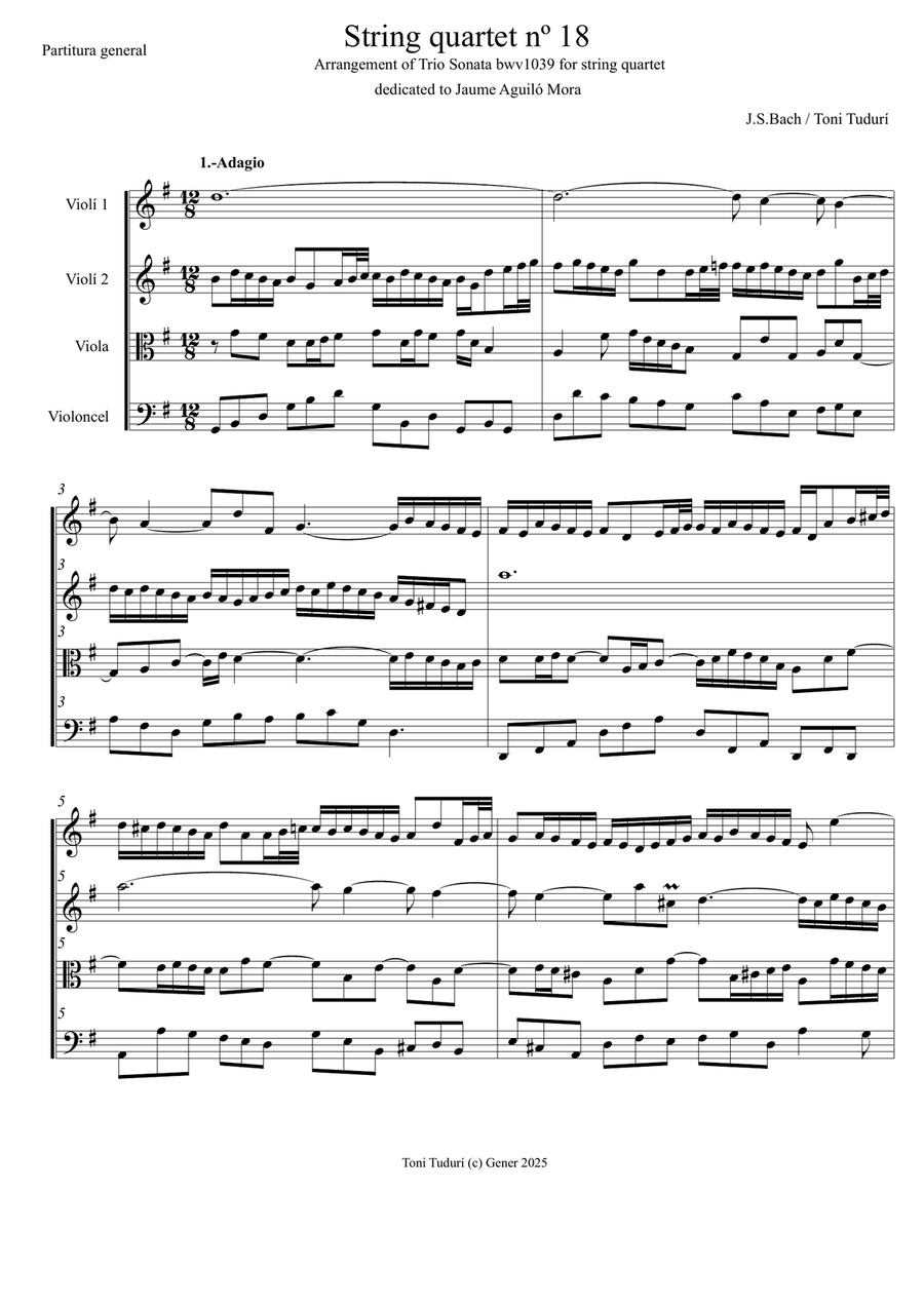 String quartet nº18 (arrangement of Trio sonata BWV1039 of J.S.Bach) String Quartet scores gallery preview page 1