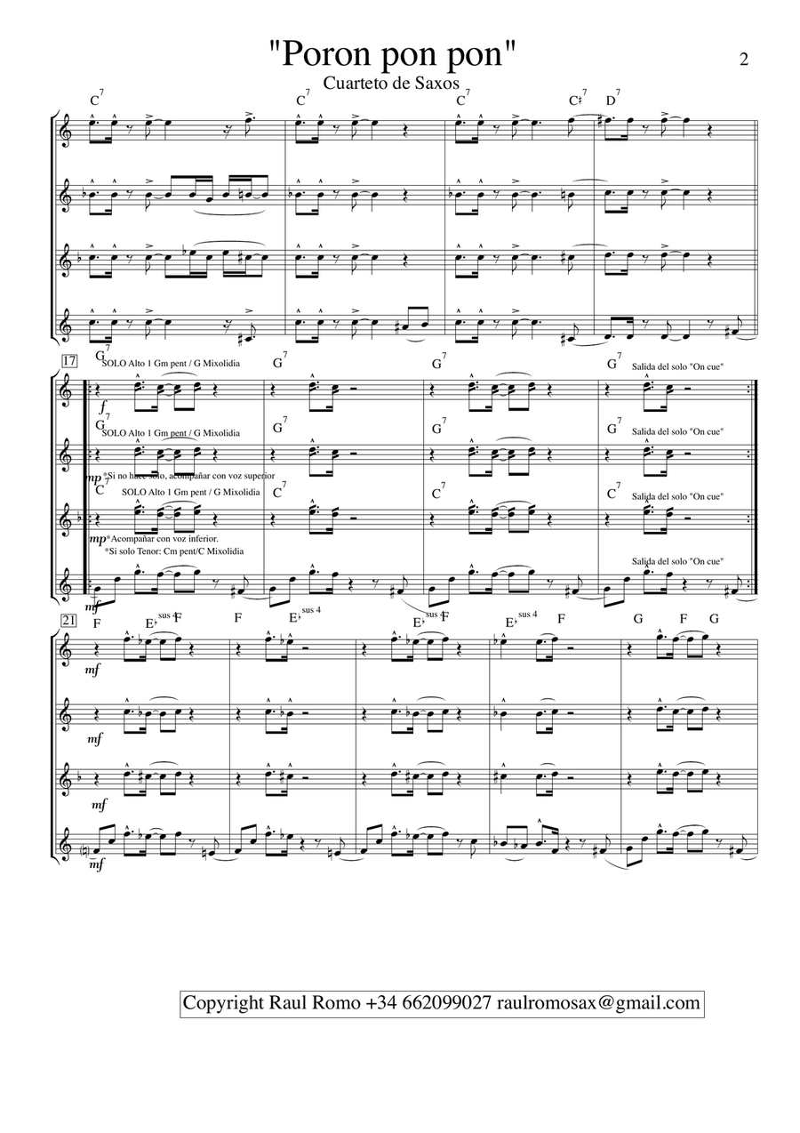 Poron pon pon - SAX QUARTET - AATB SATB Saxophone Quartet scores gallery preview page 2