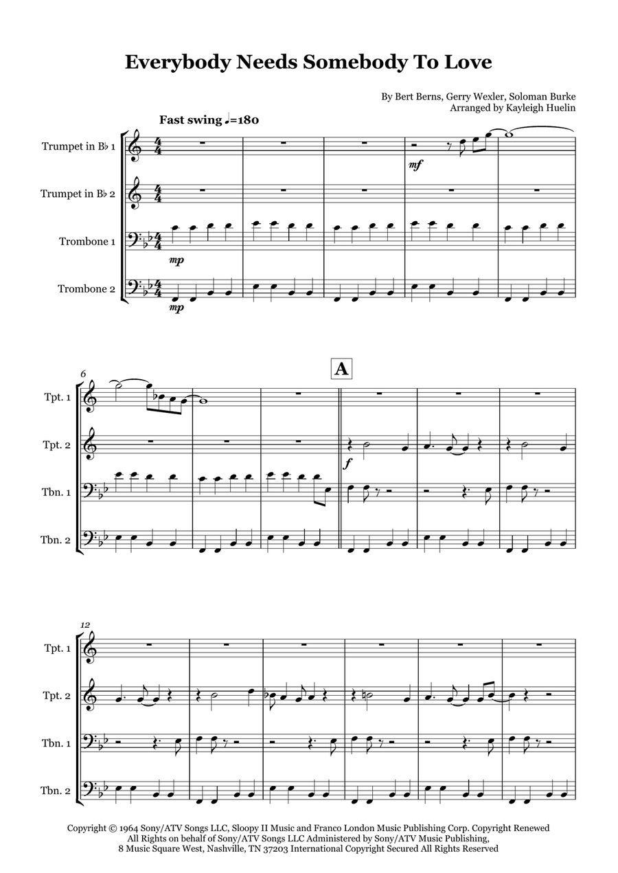 Everybody Needs Somebody To Love Brass Quartet scores gallery preview page 1