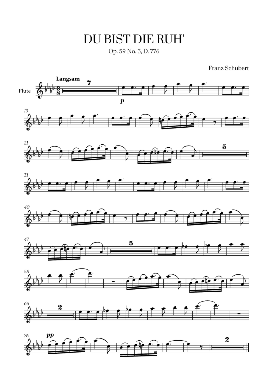 Franz Schubert - Du bist die Ruh (Ab Major) for Flute Solo Flute Solo scores gallery preview page 1