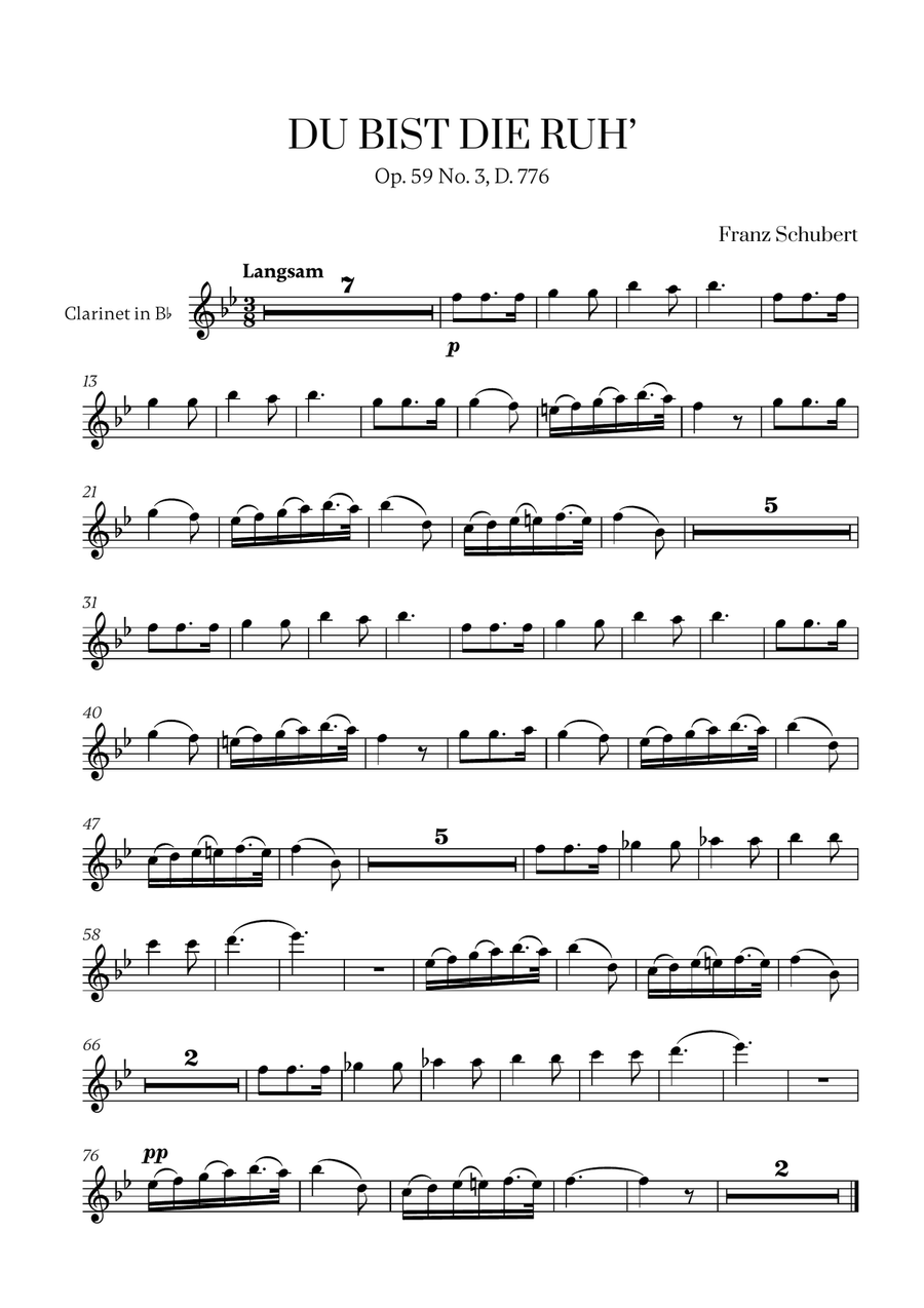Franz Schubert - Du bist die Ruh (Ab Major) for Clarinet in Bb Solo B-Flat Clarinet scores gallery preview page 1