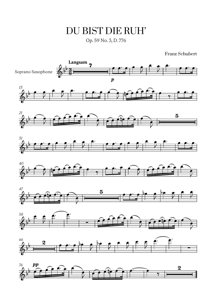 Franz Schubert - Du bist die Ruh (Ab Major) for Soprano Saxophone Solo Soprano Saxophone scores gallery preview page 1