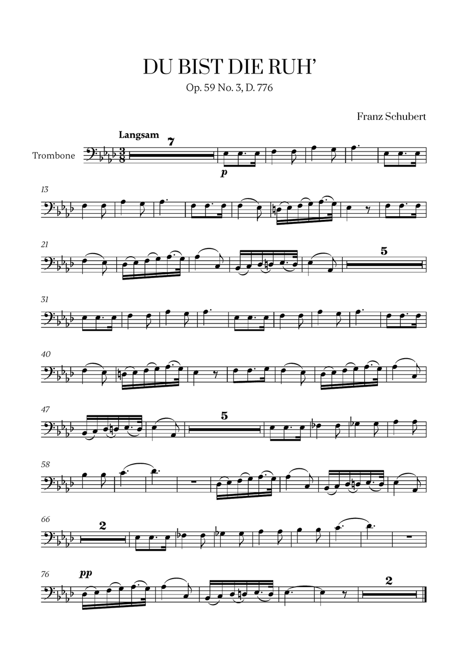 Franz Schubert - Du bist die Ruh (Ab Major) for Trombone Solo Trombone Solo scores gallery preview page 1