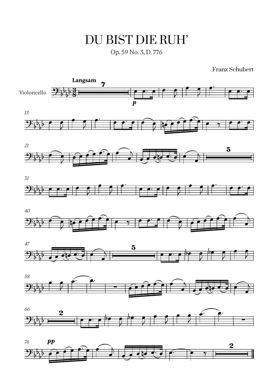 Franz Schubert - Du bist die Ruh (Ab Major) for Cello Solo Cello Solo scores gallery preview page 1