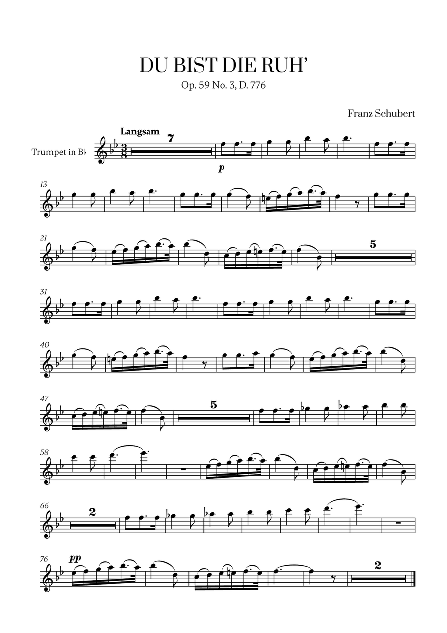 Franz Schubert - Du bist die Ruh (Ab Major) for Trumpet in Bb Solo B-Flat Trumpet scores gallery preview page 1