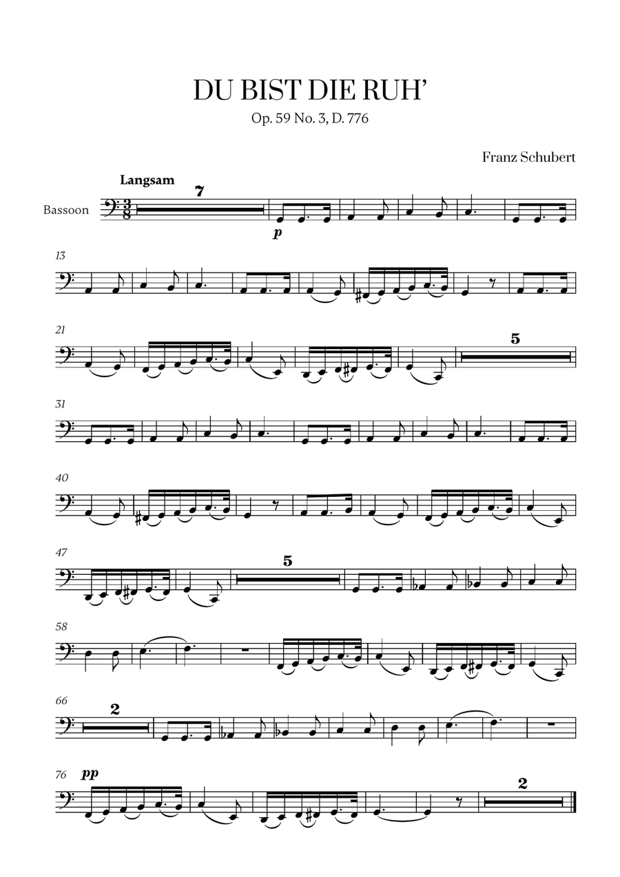 Franz Schubert - Du bist die Ruh (C Major) for Bassoon Solo Bassoon Solo scores gallery preview page 1