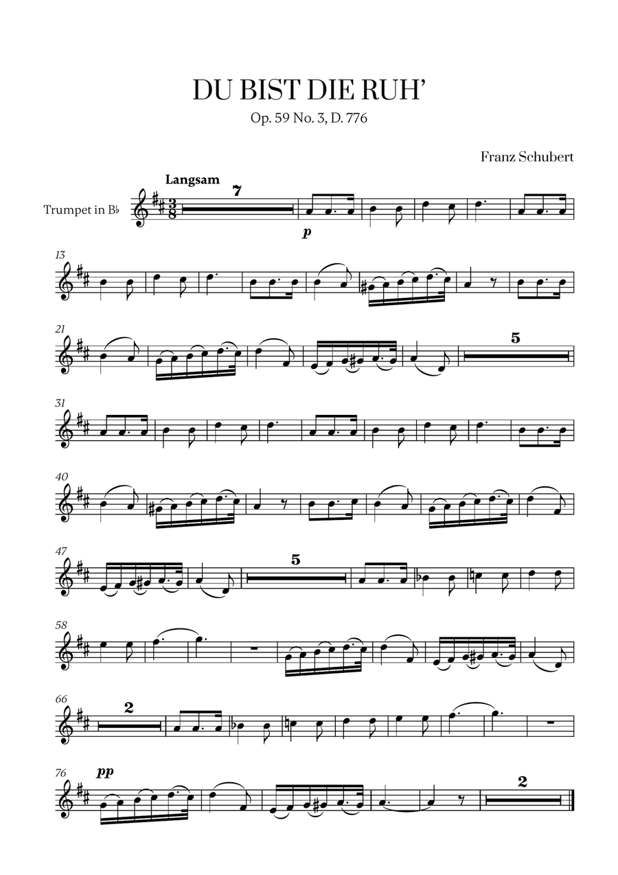Franz Schubert - Du bist die Ruh (C Major) for Trumpet in Bb Solo B-Flat Trumpet scores gallery preview page 1