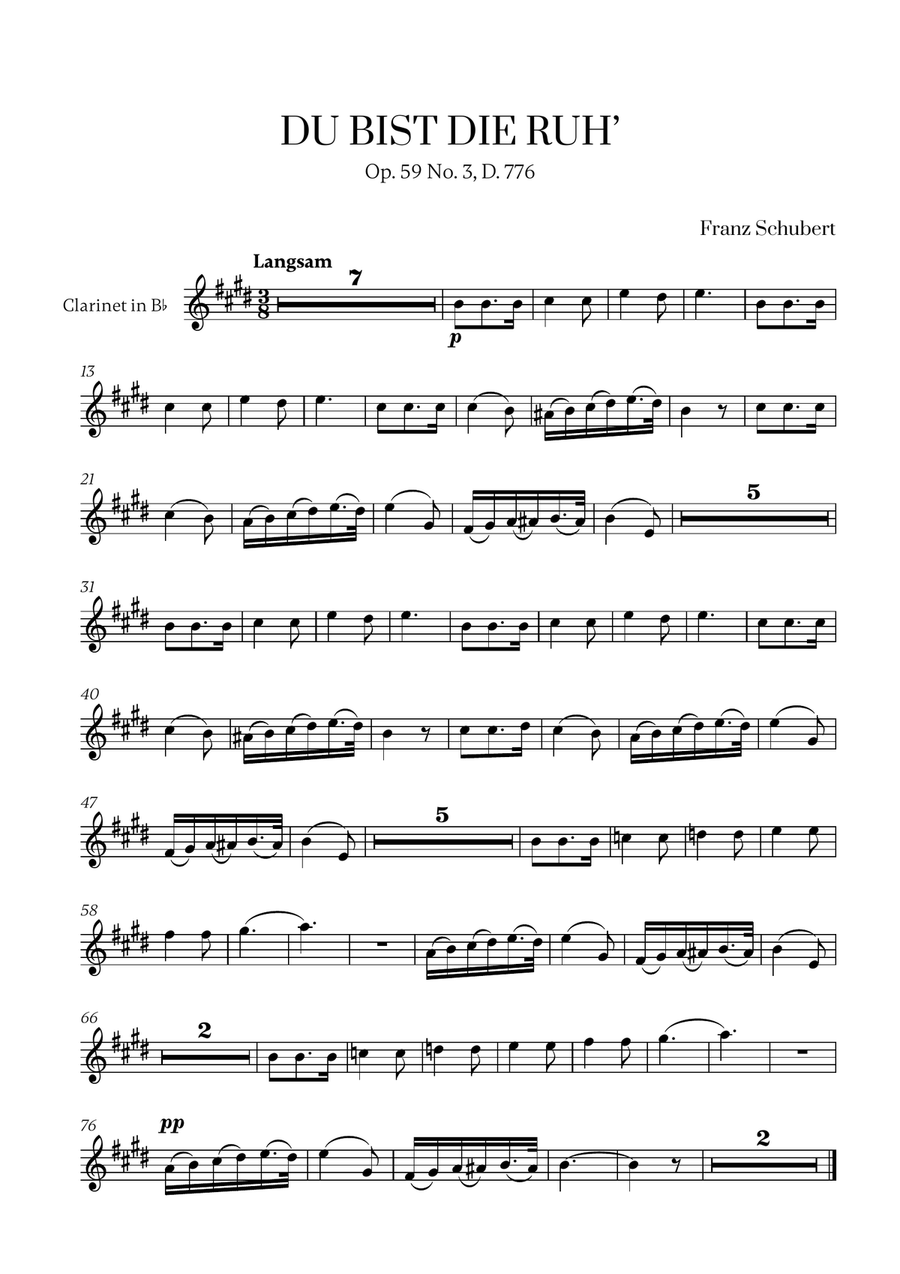 Franz Schubert - Du bist die Ruh (D Major) for Clarinet in Bb Solo B-Flat Clarinet scores gallery preview page 1