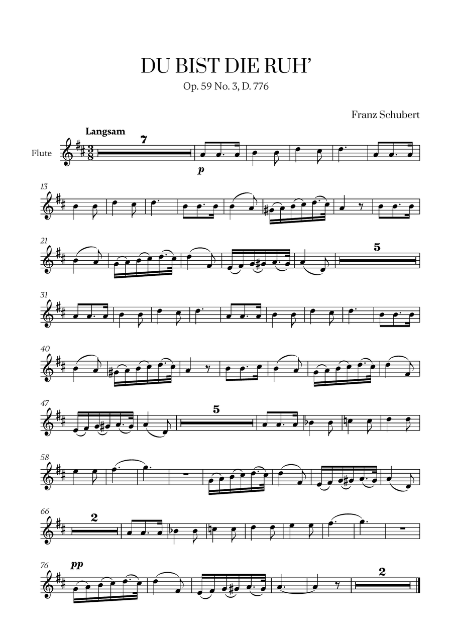 Franz Schubert - Du bist die Ruh (D Major) for Flute Solo Flute Solo scores gallery preview page 1