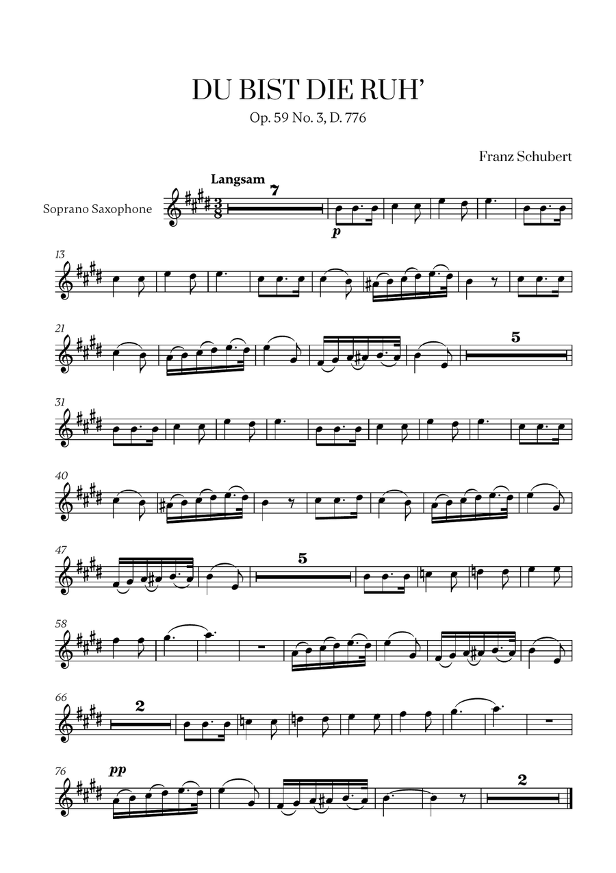 Franz Schubert - Du bist die Ruh (D Major) for Soprano Saxophone Solo Soprano Saxophone scores gallery preview page 1