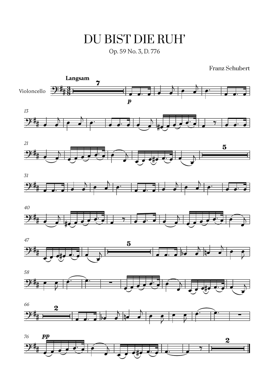 Franz Schubert - Du bist die Ruh (D Major) for Cello Solo Cello Solo scores gallery preview page 1