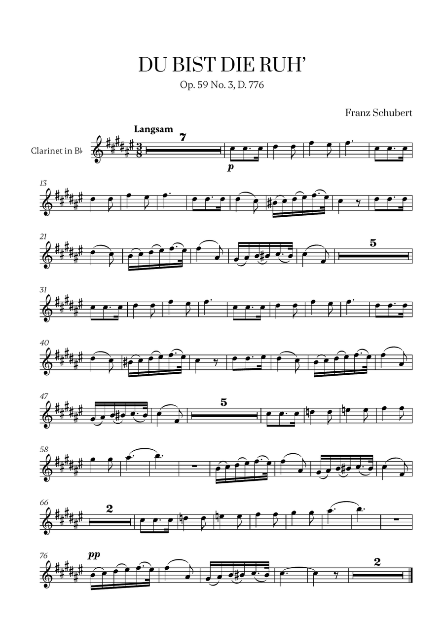 Franz Schubert - Du bist die Ruh (E Major) for Clarinet in Bb Solo B-Flat Clarinet scores gallery preview page 1