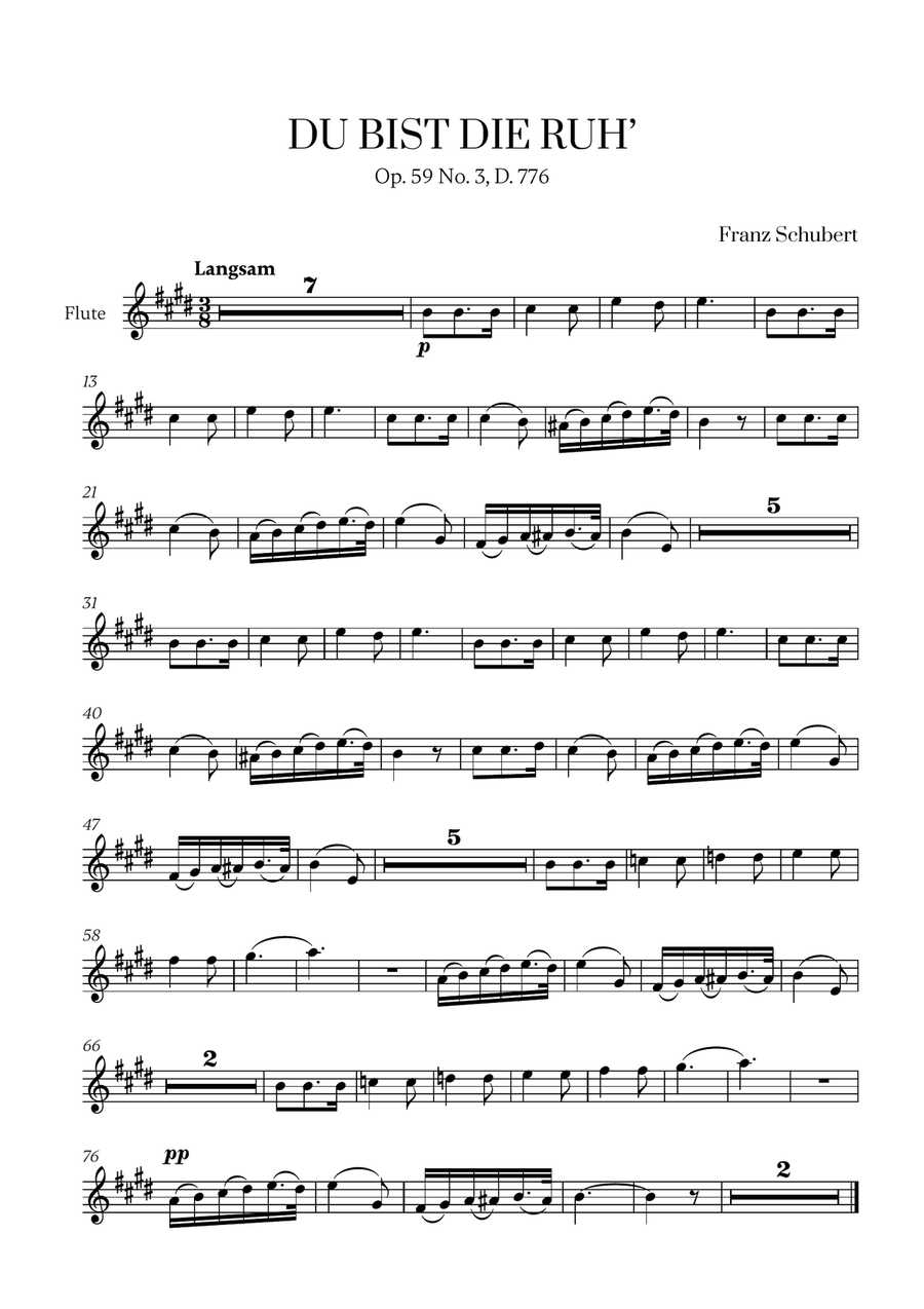 Franz Schubert - Du bist die Ruh (E Major) for Flute Solo Flute Solo scores gallery preview page 1