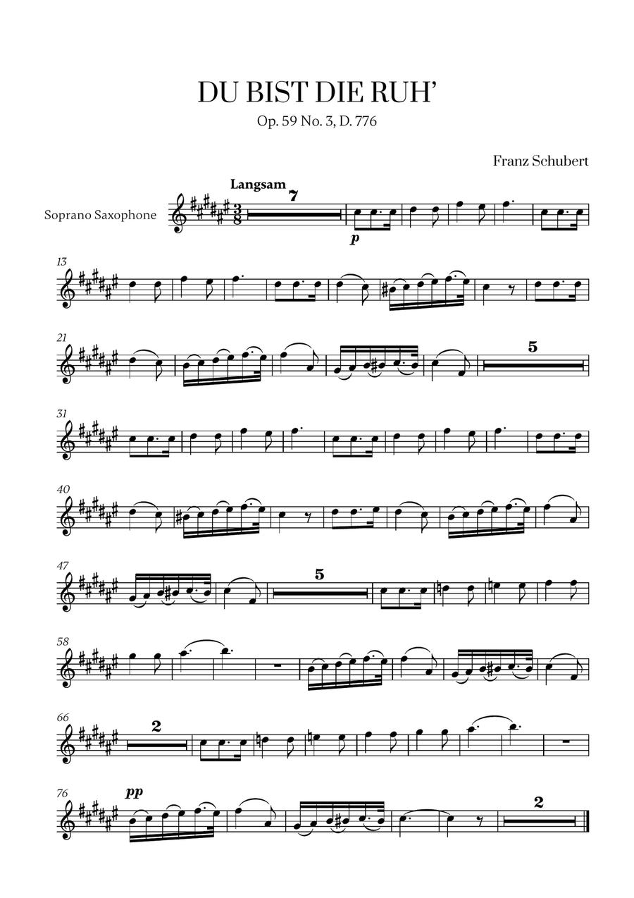 Franz Schubert - Du bist die Ruh (E Major) for Soprano Saxophone Solo Soprano Saxophone scores gallery preview page 1