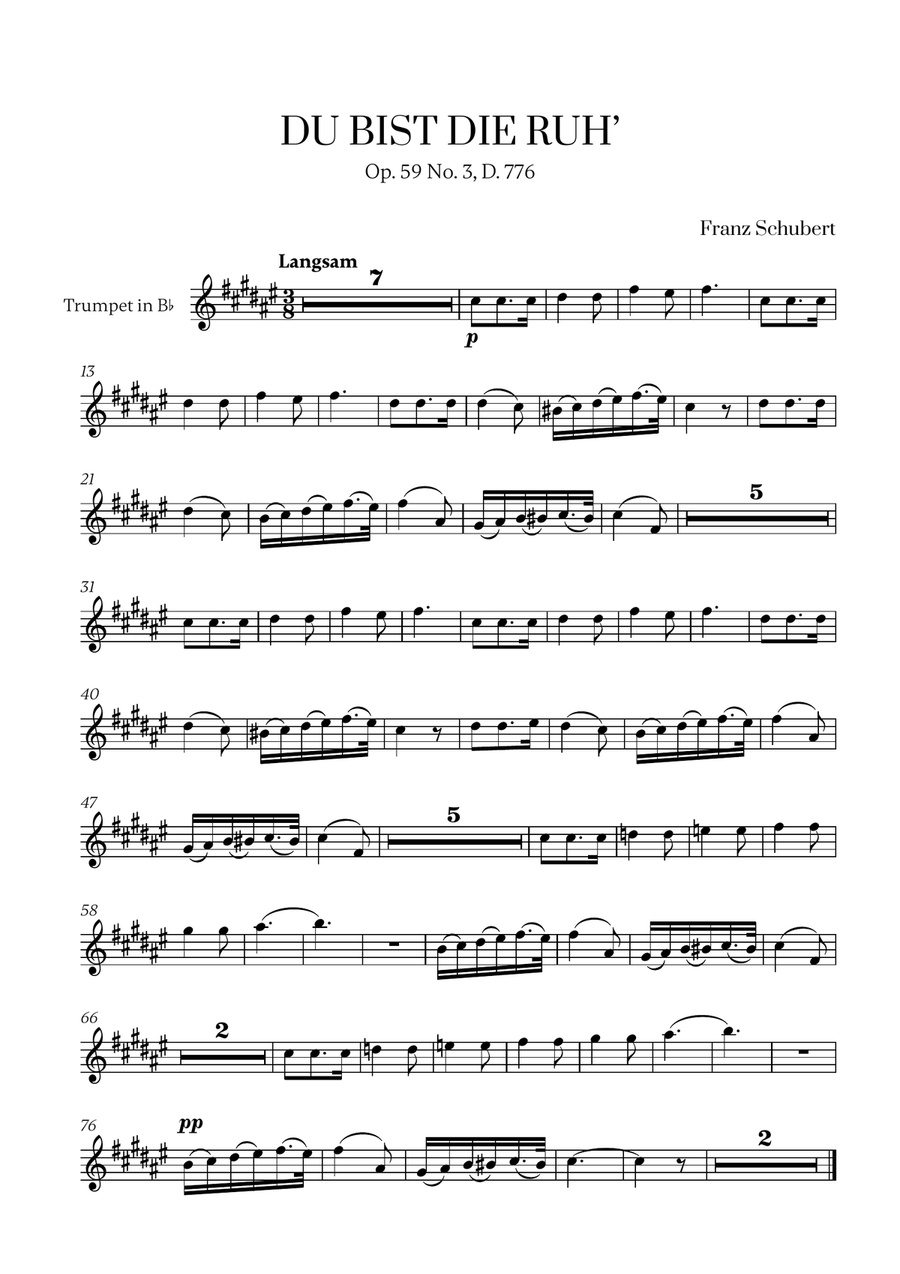 Franz Schubert - Du bist die Ruh (E Major) for Trumpet in Bb Solo B-Flat Trumpet scores gallery preview page 1