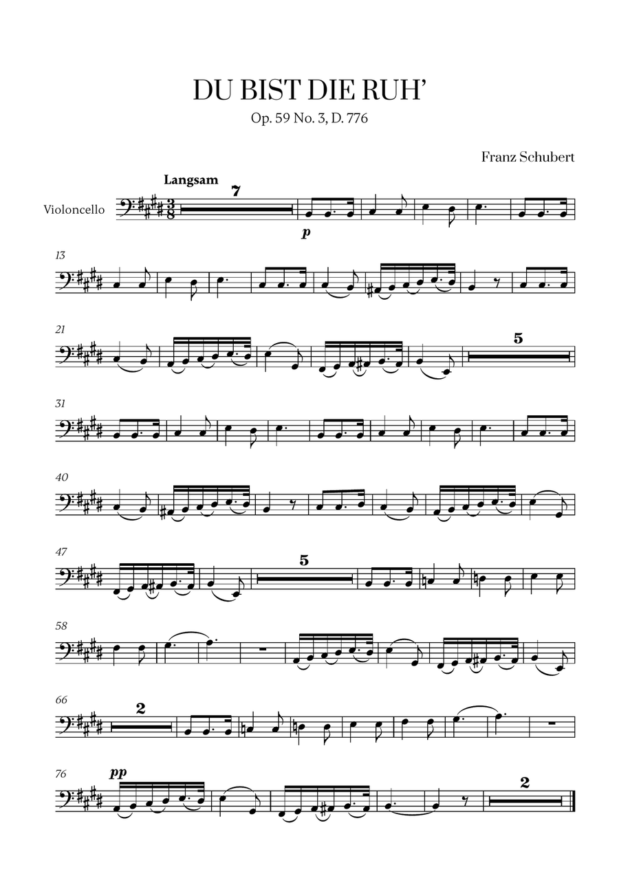 Franz Schubert - Du bist die Ruh (E Major) for Cello Solo Cello Solo scores gallery preview page 1