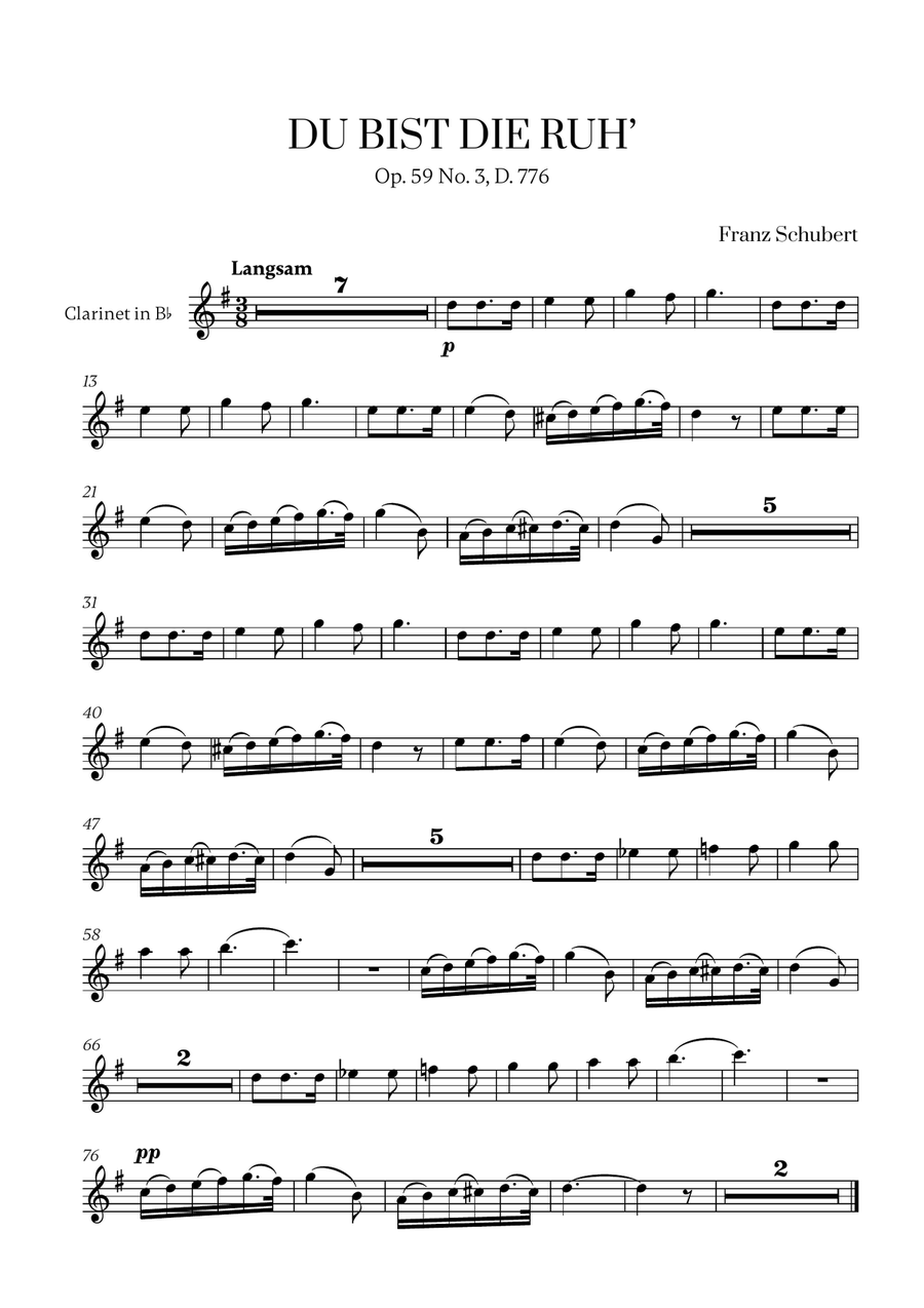 Franz Schubert - Du bist die Ruh (F Major) for Clarinet in Bb Solo B-Flat Clarinet scores gallery preview page 1