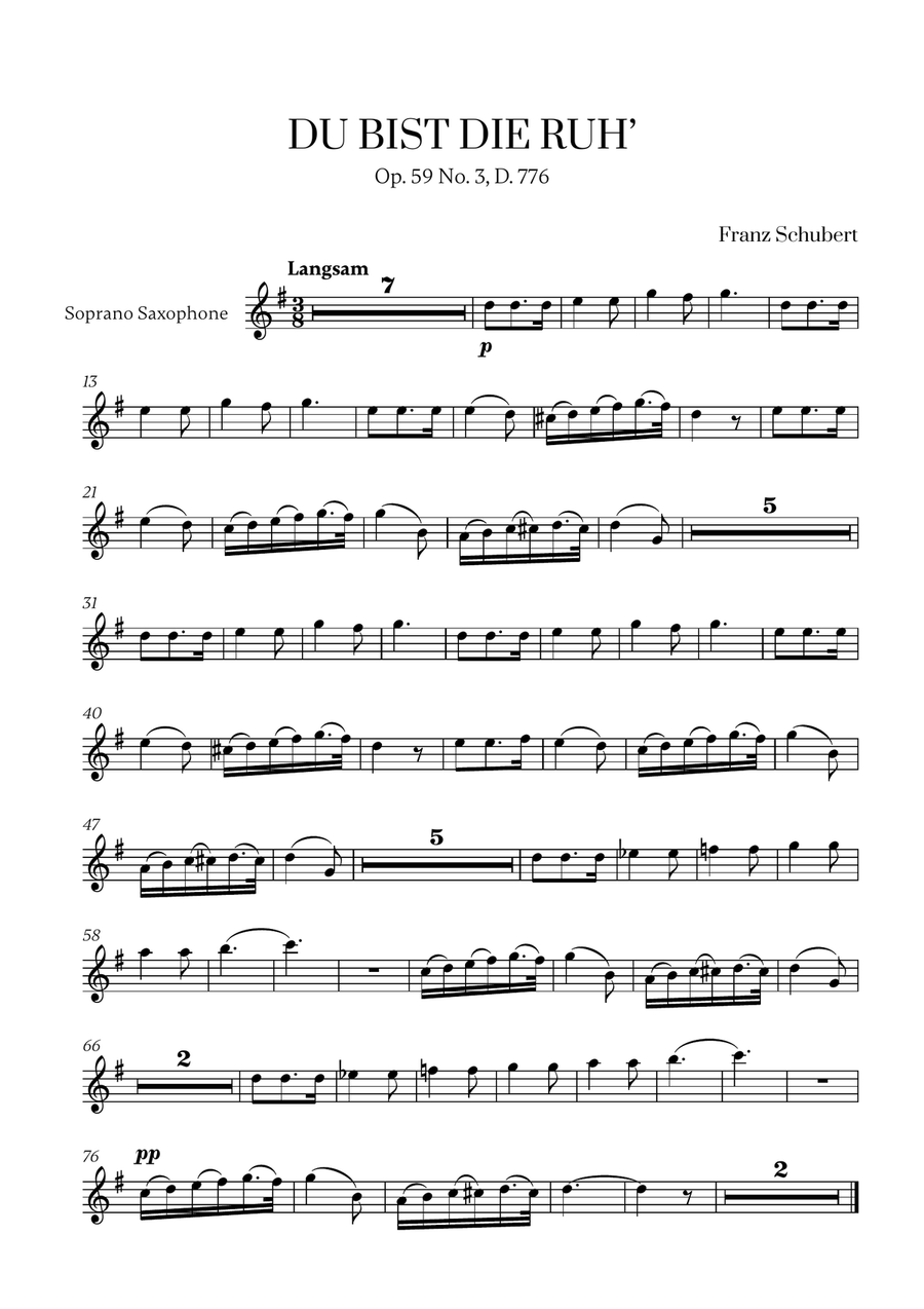 Franz Schubert - Du bist die Ruh (F Major) for Soprano Saxophone Solo Soprano Saxophone scores gallery preview page 1