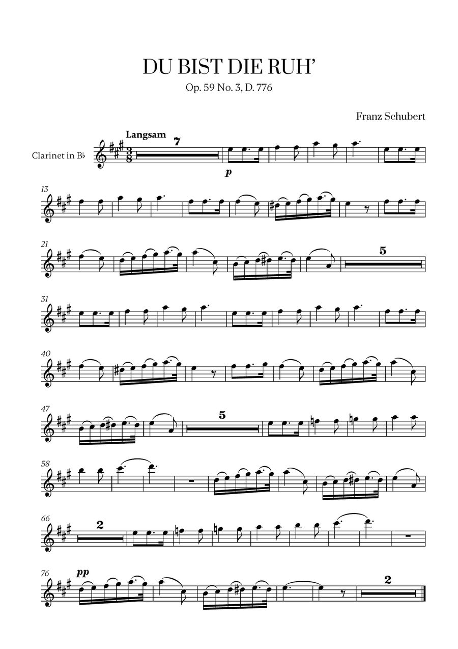 Franz Schubert - Du bist die Ruh (G Major) for Clarinet in Bb Solo B-Flat Clarinet scores gallery preview page 1