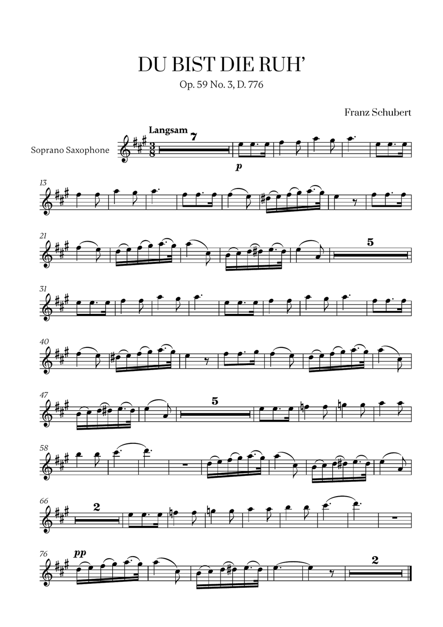 Franz Schubert - Du bist die Ruh (G Major) for Soprano Saxophone Solo Soprano Saxophone scores gallery preview page 1