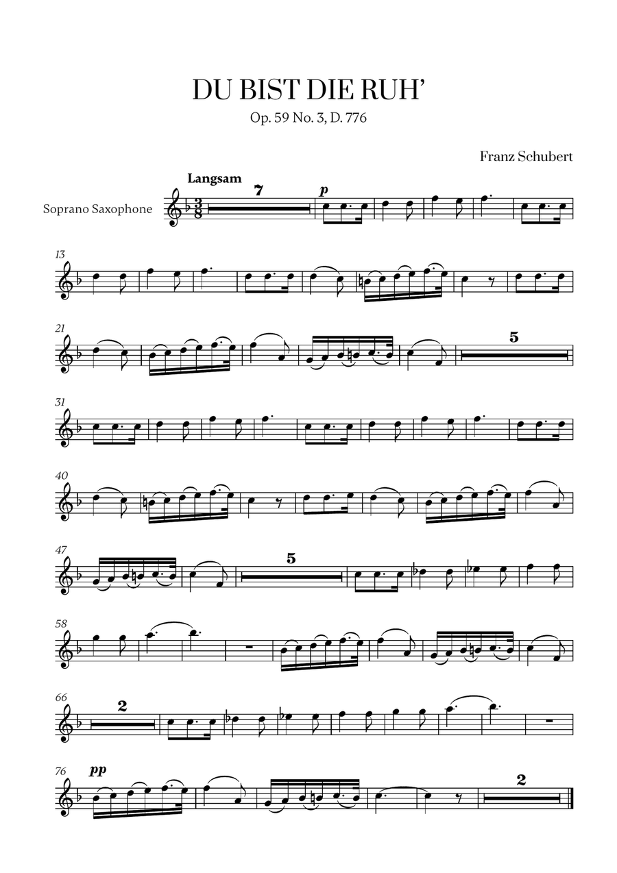 Franz Schubert - Du bist die Ruh for Soprano Saxophone Solo Soprano Saxophone scores gallery preview page 1