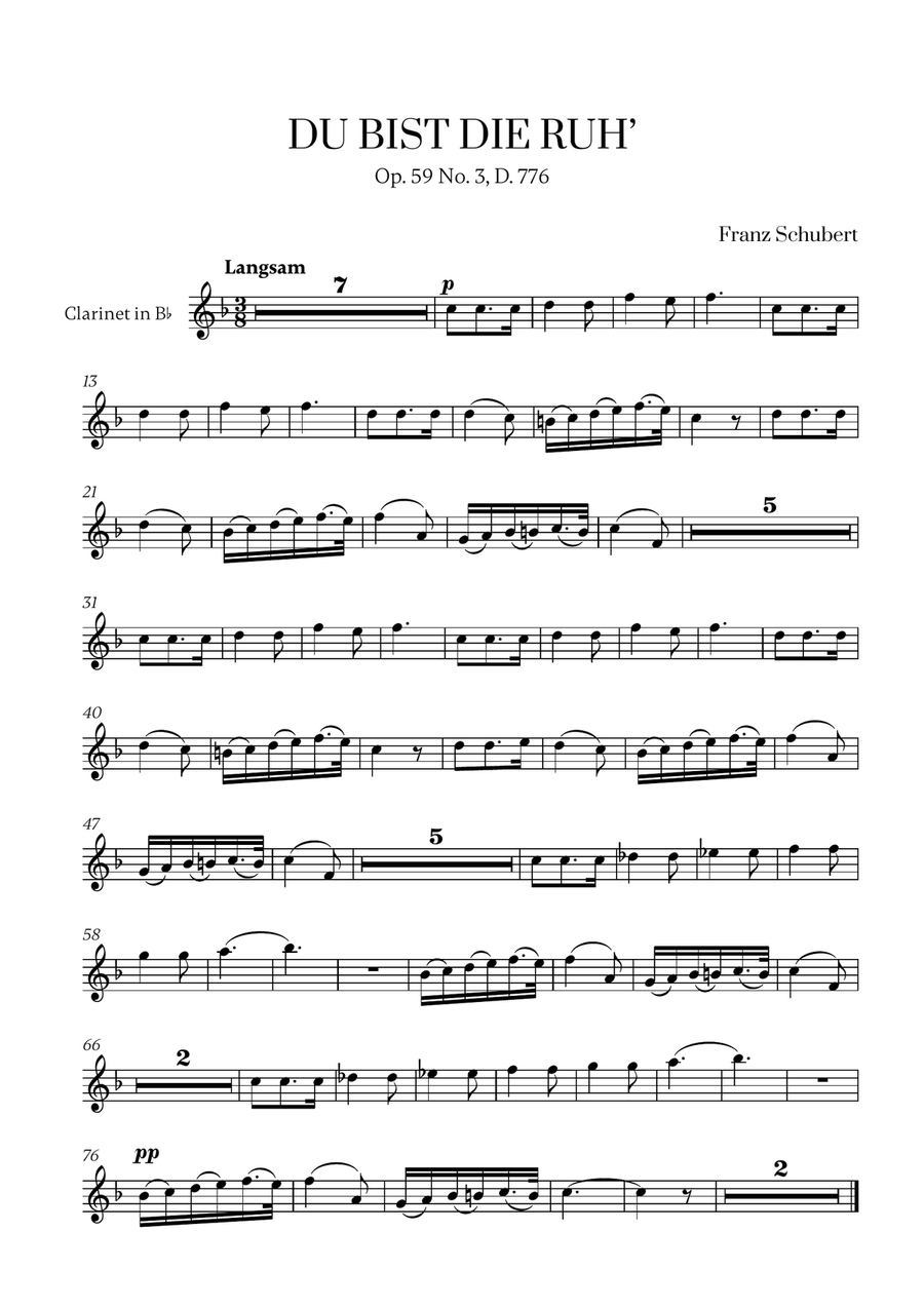 Franz Schubert - Du bist die Ruh for Clarinet in Bb Solo B-Flat Clarinet scores gallery preview page 1