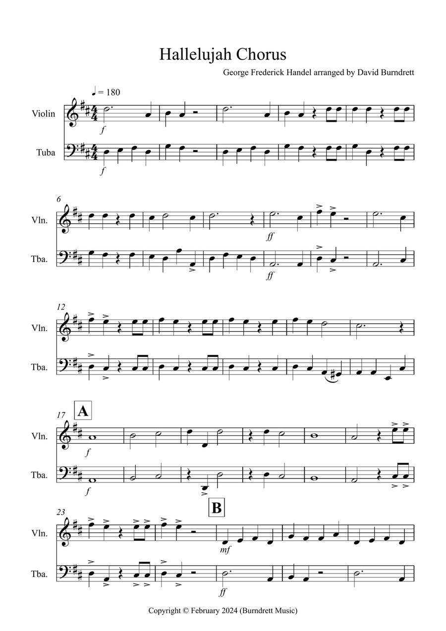 Hallelujah Chorus for Violin and Tuba Duet Tuba scores gallery preview page 1